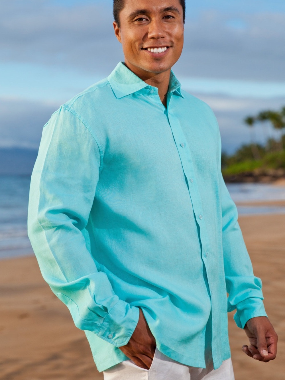 Island Importer Linen Amalfi Shirt Long Sleeve Button Up Mens Sz Large Pool Blue